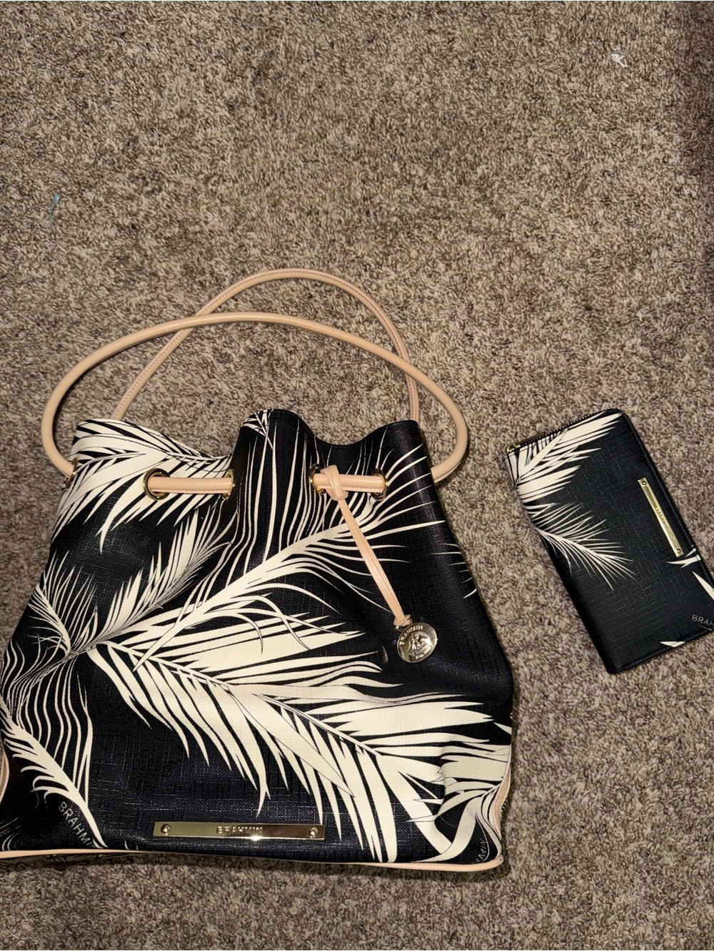 Brahmin Black and Cream Palm-Print Drawstring Bucket Bag with Matching Wallet
